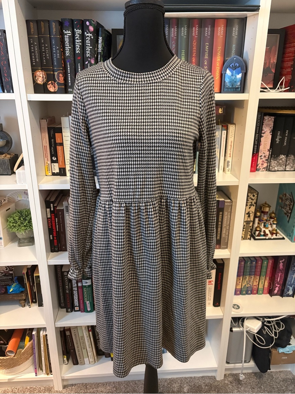 Loft Houndstooth Long-Sleeve Fit & Flare Dress - Black/White